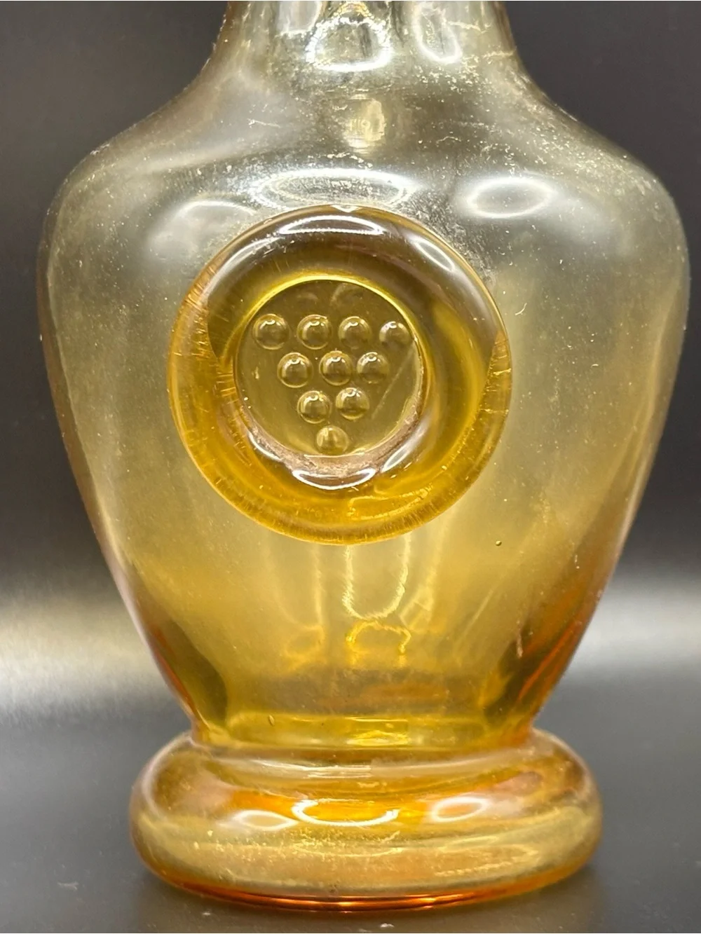Vintage Amber Glass Bud Vase Applied Grape Seal Medallion MCM 13” Solifleur
